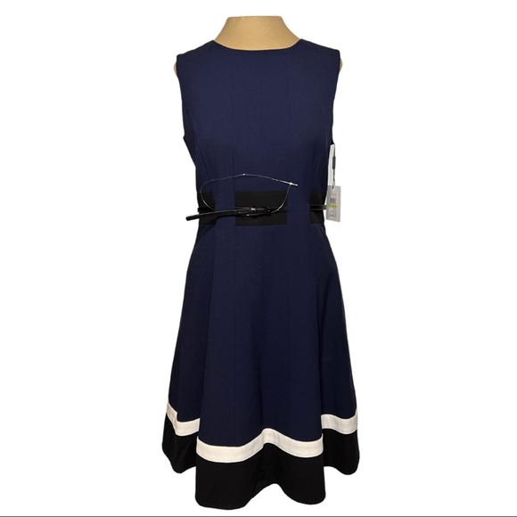 Calvin Klein Navy Blue Black & White Dress with Belt, Fully Lined, NWT - Picture 2 of 9
